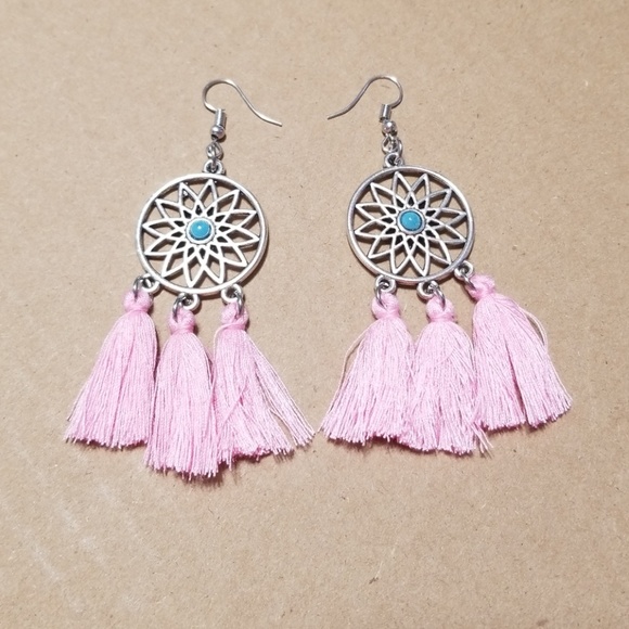 Dream Catcher Tassel Drop Pink Earrings - Picture 2 of 4